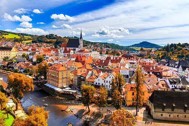 Autumn view with red foliage on the Cesky Krumlov, Czech Republic. UNESCO World Heritage Site.
