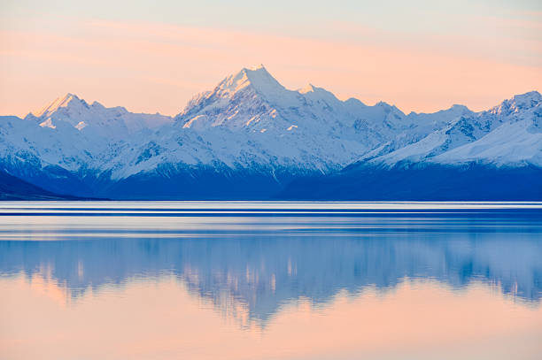 Sunset reflection at Mount Cook in New Zealand stock photo