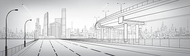 автомобильная эстакада, архитектурная и инфраструктурная панорама, транспортная эстакада, шоссе - gray line horizontal outdoors urban scene stock illustrations