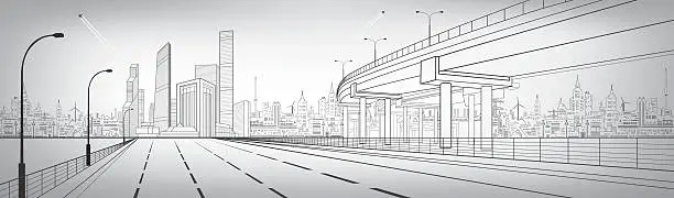 Vector illustration of Automotive flyover, architectural and infrastructure panorama, transport overpass, highway