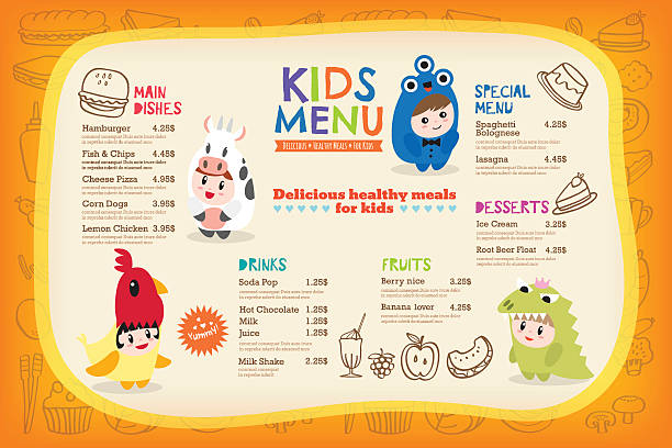 Cute colorful kids meal menu template Cute colorful kids meal menu placemat with children dressing up in costumes vector template kid animal costume stock illustrations