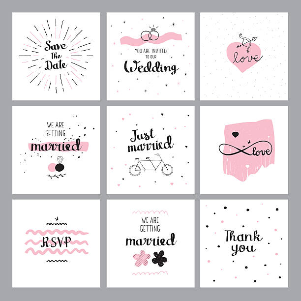 ilustraciones, imágenes clip art, dibujos animados e iconos de stock de conjunto de citas de boda - wedding invitation wedding greeting card heart shape