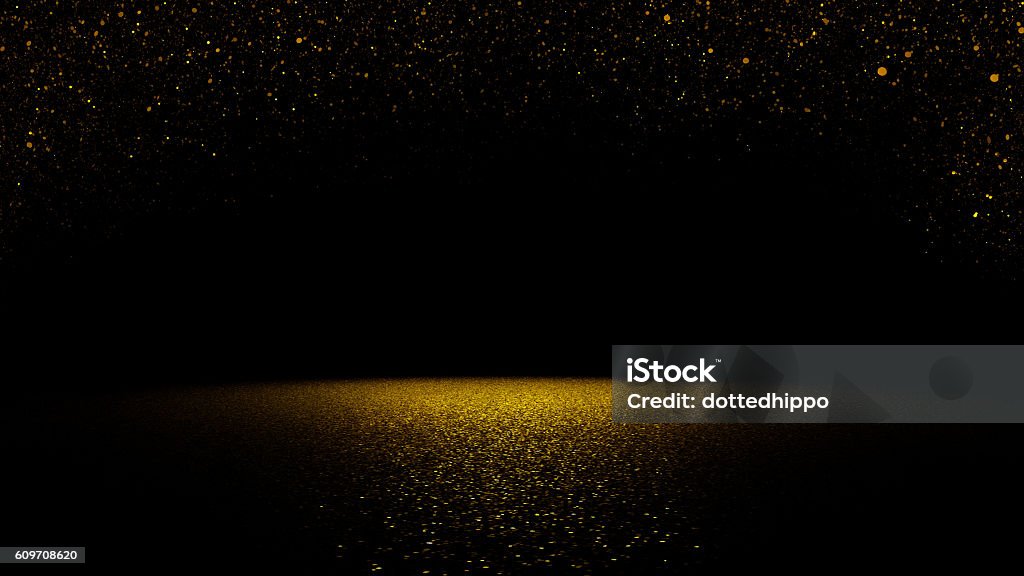 Cintilante O glitter dourado caindo sobre uma superfície plana Iluminado por Holofote - Foto de stock de Plano de Fundo royalty-free