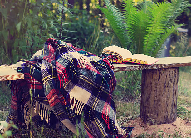 istock Woolen plaid and Open book  at summer background 609715078