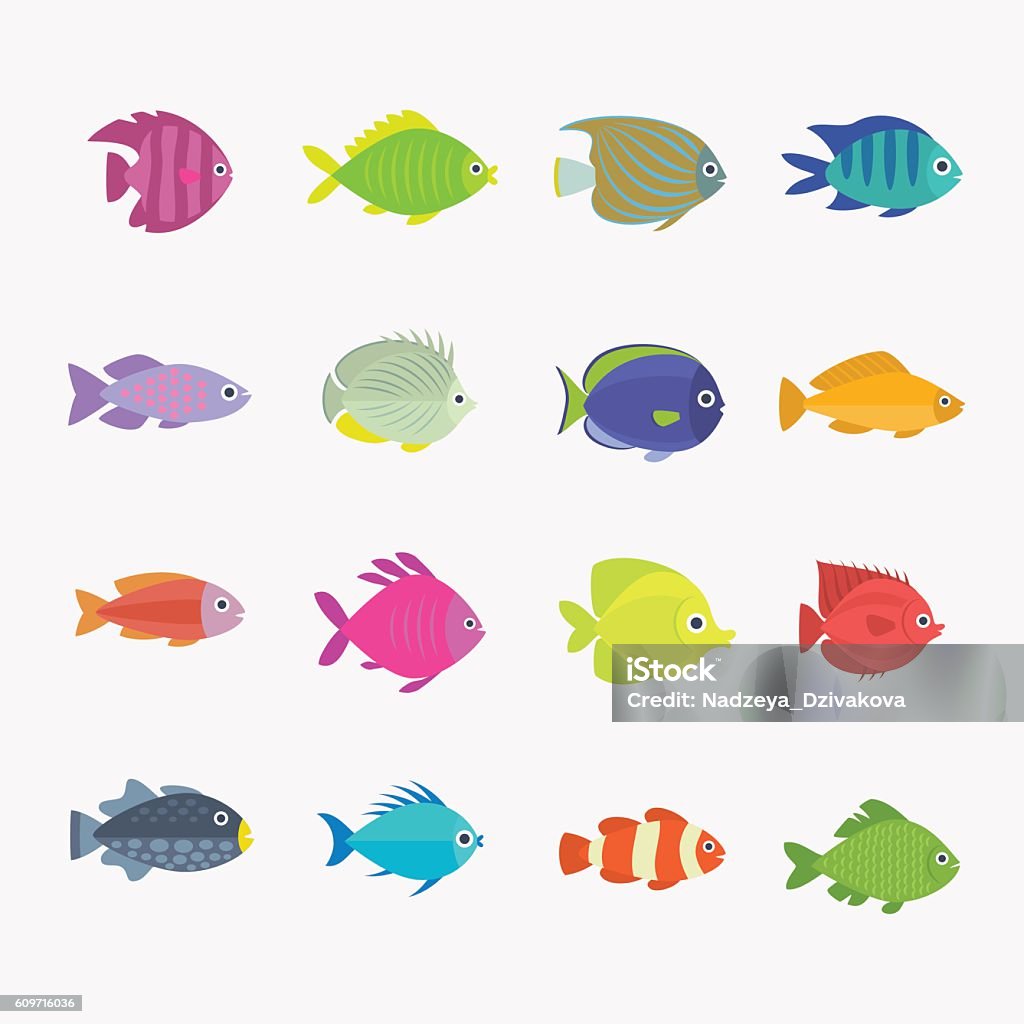 Mixed tropical fish Collection of colorful, bright, different shapes cute fish. Fish stock vector