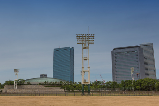 osaka, japan - June 1, 2016: Modern Highrise building, osaka castle hall and football stadium at citycenter of osaka japan