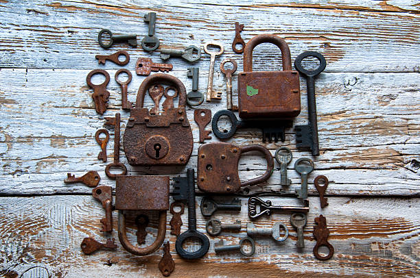 istock Many rusty keys and padlocks on white wood 609718672
