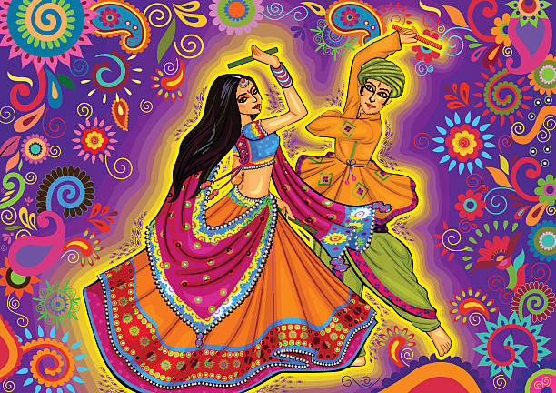 pasangan bermain garba di dandiya night navratri dussehra festival - navaratri ilustrasi stok