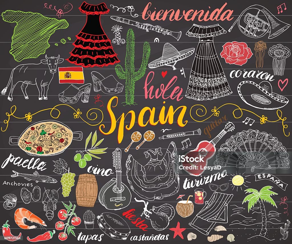 Spanien Hand gezeichnet Skizze Set Vektor Illustration Tafel - Lizenzfrei Sangria Vektorgrafik