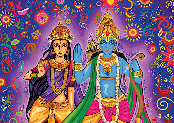 illustrazioni stock, clip art, cartoni animati e icone di tendenza di dio indiano rama e sita per la celebrazione del festival dussehra - rama