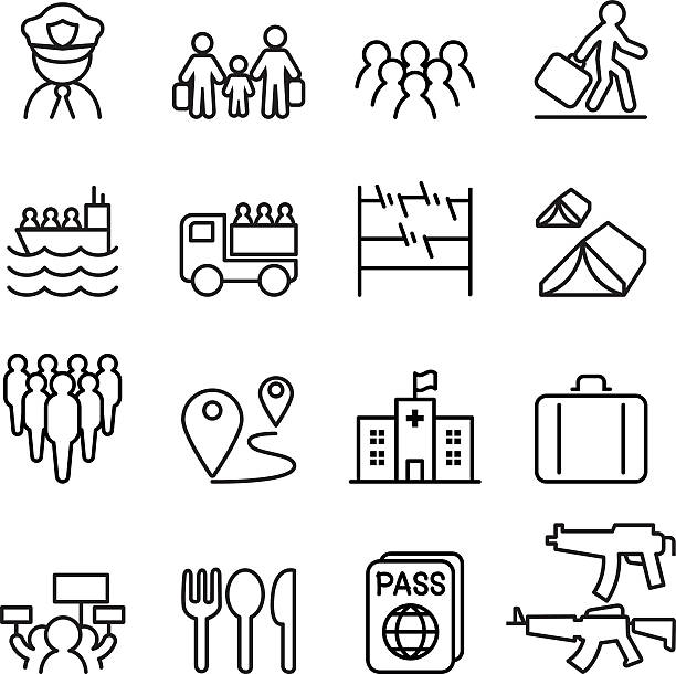 ilustraciones, imágenes clip art, dibujos animados e iconos de stock de iconos de refugiados e inmigrantes en un estilo de línea delgada - displaced persons camp illustrations
