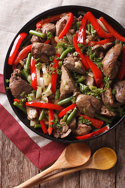 istock Fried chicken liver closeup on a dish. vertical top view 609723418