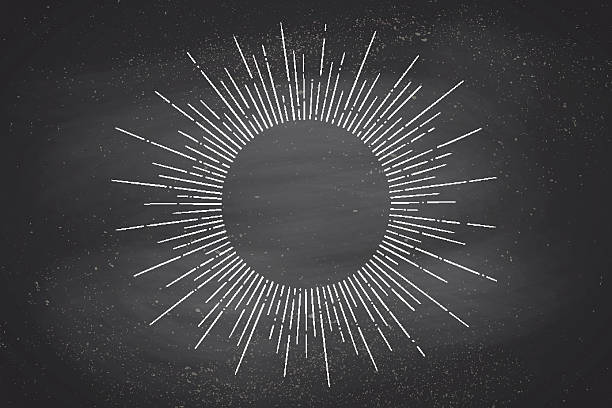 Light rays, sunburst and rays of sun on black chalkboard. Linear drawing. Vintage hipster style. Light rays sunburst for retro logo, emblem. Vector Illustration