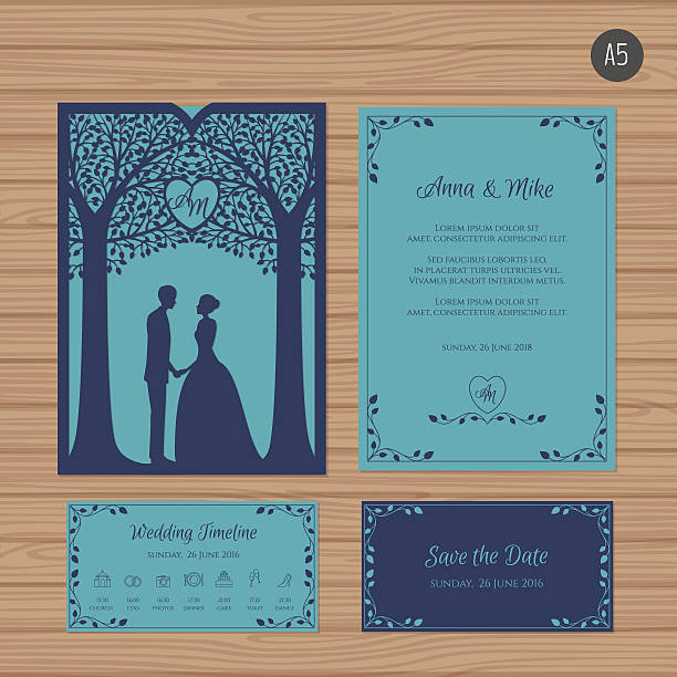 Wedding invitation with bride and groom, and tree. Wedding invitation with bride and groom, and tree. Paper lace envelope template. Wedding invitation envelope mock-up for laser cutting. Vector illustration. outdoor wedding invitation stock illustrations