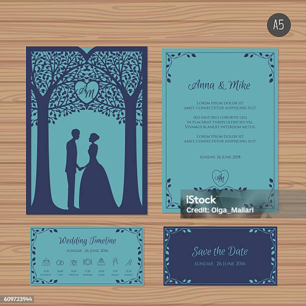 Wedding Invitation With Bride And Groom And Tree Stock Illustration - Download Image Now - Wedding Invitation, Couple - Relationship, Template