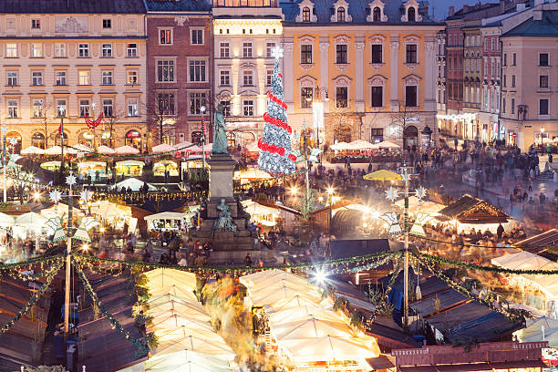 Christmas in Poland Christmas market at the Main Market square of Krakow krakow stock pictures, royalty-free photos & images