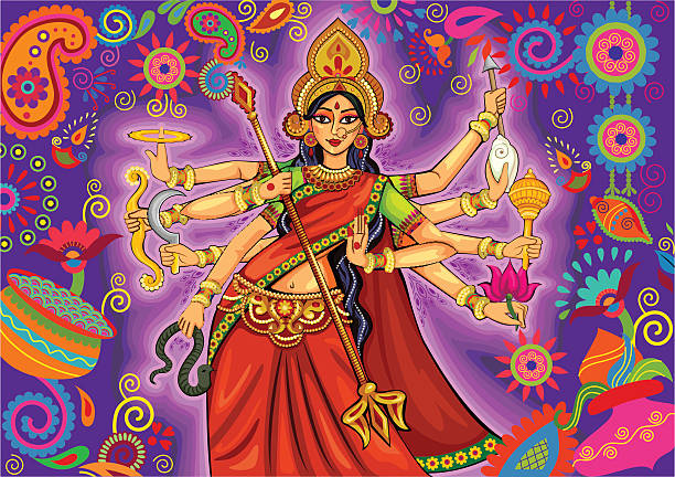 ilustrações, clipart, desenhos animados e ícones de deusa durga em fundo floral puja dussehra - parvati