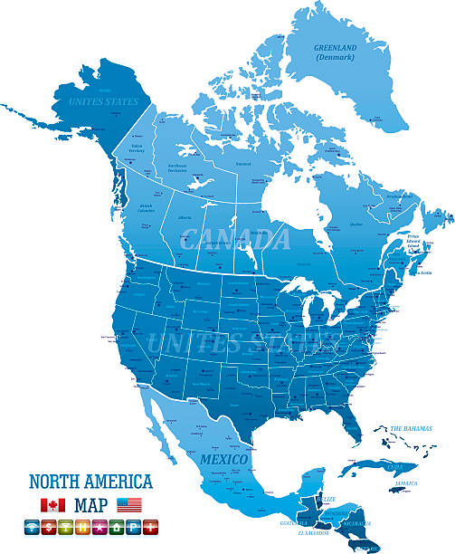 illustrazioni stock, clip art, cartoni animati e icone di tendenza di mappa vettoriale del nord america - north american