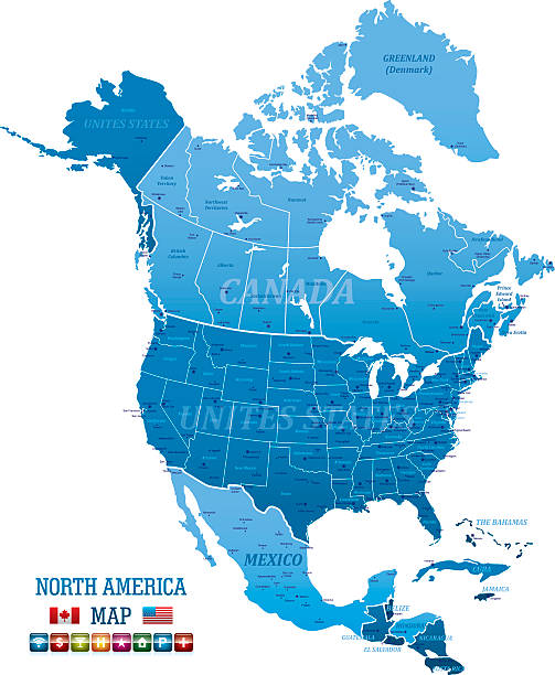 North America Vector Map High detailed blue North America Map with navigation icons and Flag west indies stock illustrations