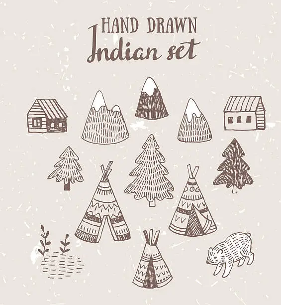 Vector illustration of Set of North American Indian tipi homes with tribal ornament.