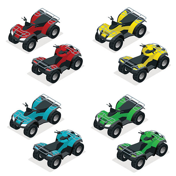 illustrazioni stock, clip art, cartoni animati e icone di tendenza di quad isometrico - off road vehicle quadbike quad racing motocross