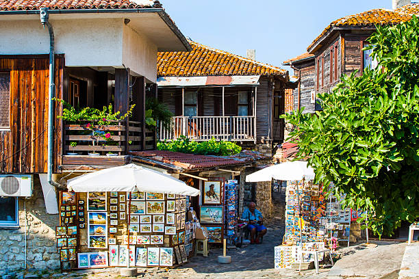 Nessebar, Bulgaria - July 25, 2016: Souvenir shops in old town Nessebar or Nesebar in Bulgaria, Black sea