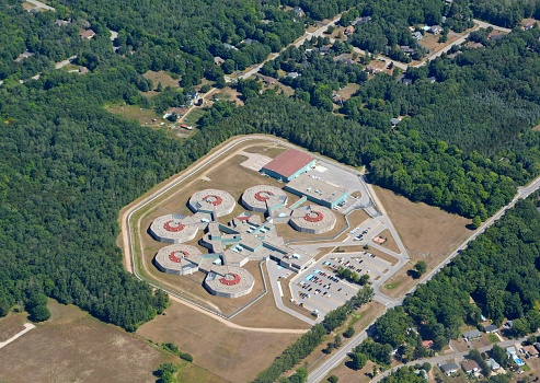 Penetanguishene, ON Canada - August 6, 2016: arial view of the Central North Correctional Centre,  a maximum security prison located in Penetanguishene, Ontario, Canada.