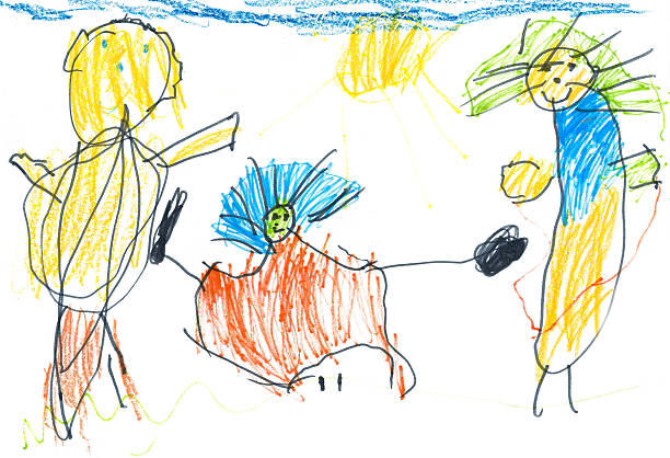 Child's drawing happy family. Father, mother, daughter