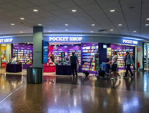 Stockholm, Sweden - August 7, 2016: Book Store at Arlanda Airport, Stockholm, Sweden. People buying books and magazines before flight. 