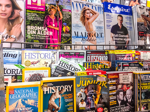Stockholm, Sweden  - August 7, 2016: Variety of Swedish magazines at Arlanda Airport, Stockholm
