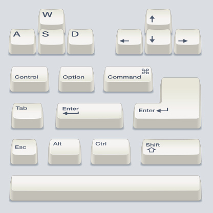 Isometric Computer Keyboard Keys Including WASD, Arrow Keys, Up, Down, Left, Right, Alt, Control, Option, Shift, Enter, Space Bar, Escape and Tab