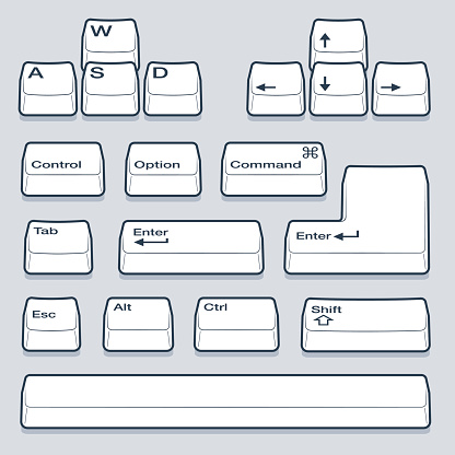 Isometric Computer Keyboard Keys Including WASD, Arrow Keys, Up, Down, Left, Right, Alt, Control, Option, Shift, Enter, Space Bar, Escape and Tab