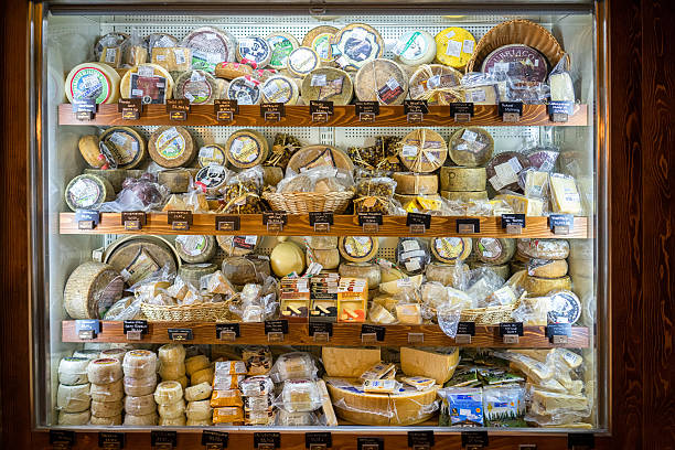 cheese vitrina at their popular cogimar fish shop. - cheese counter supermarket bildbanksfoton och bilder