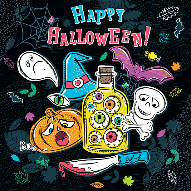 halloween-grußkarte mit geist, kürbis, schädel, auge, fledermaus - bat halloween human eye horror stock-grafiken, -clipart, -cartoons und -symbole