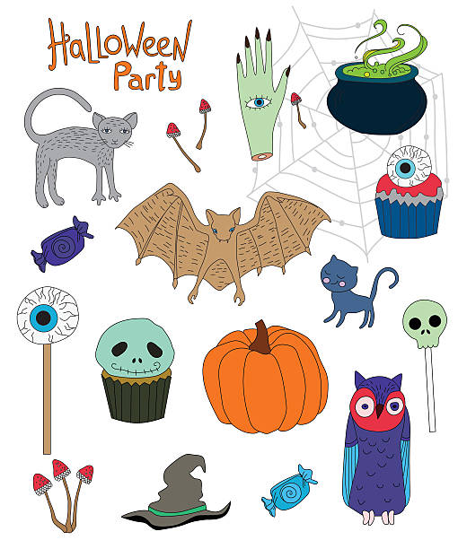 коллекция цветных персонажей мультфильма на хэллоуин - bat halloween human eye horror stock illustrations