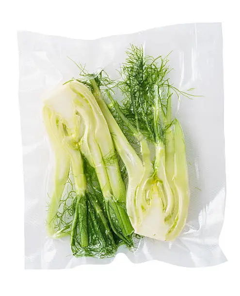 Vacuum sealed fresh fennel for sous vide cooking cutout on white