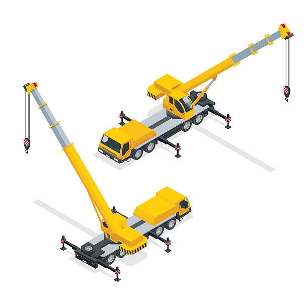 Isometric crane, heavy equipment and machinery Detailed illustration of crane, heavy equipment and machinery crane truck stock illustrations