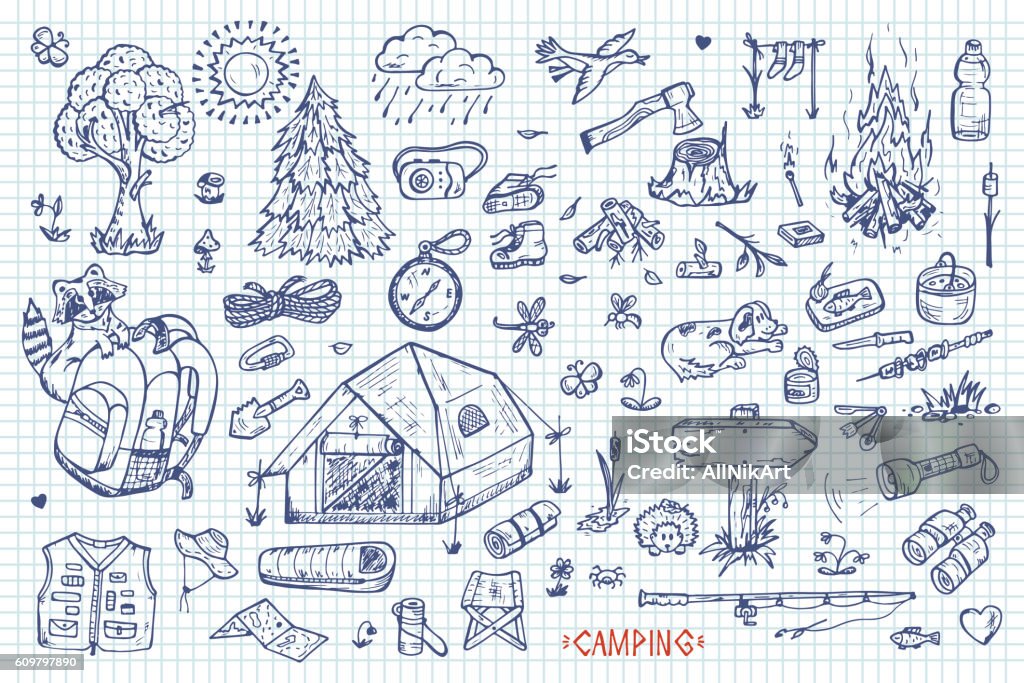 Tourism and camping vector set. Hand drawn doodle Camping Elements Tourism and camping set. Hand drawn doodle Camping Elements vector illustration Hiking stock vector