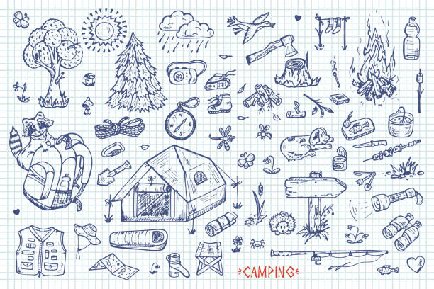 Tourism and camping vector set. Hand drawn doodle Camping Elements Tourism and camping set. Hand drawn doodle Camping Elements vector illustration camping drawings stock illustrations