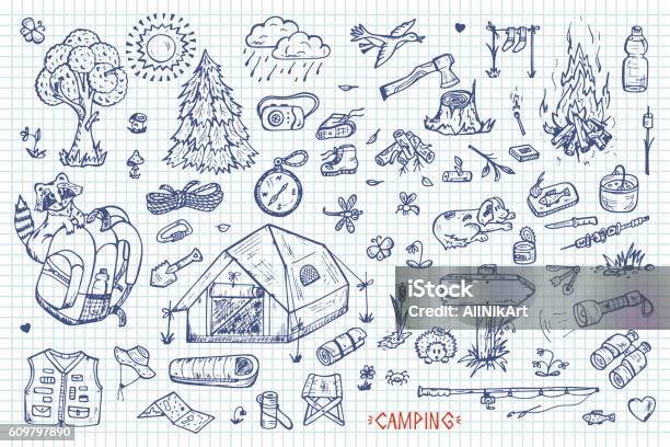 Tourism And Camping Vector Set Hand Drawn Doodle Camping Elements Stock Illustration - Download Image Now