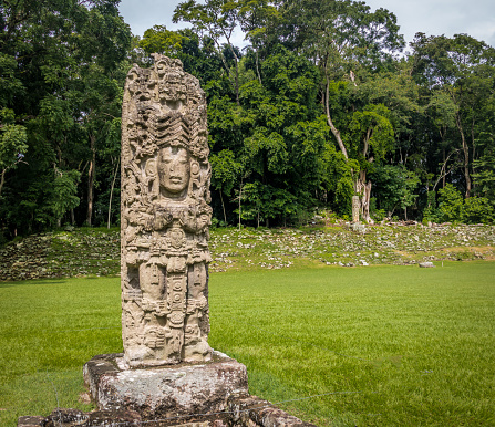 Carved Stella in Mayan Ruins - Copan Archaeological Site, Honduras