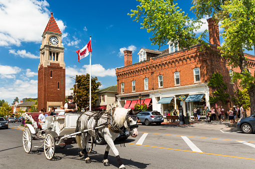 A typical Mackinac Island scene with a horse drawn carriage as no cars are allowed