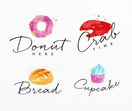 Set of watercolor labels lettering donuts here, crab time, bread, cupcake drawing on watercolor background