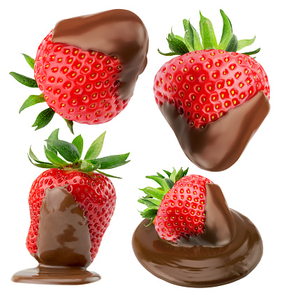 collection of strawberries in chocolate isolated on the white background.