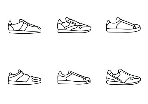 Sneakers icon set. Simple line art collection