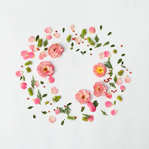 istock Flat nature floral round frame on white background, top view. 609801646