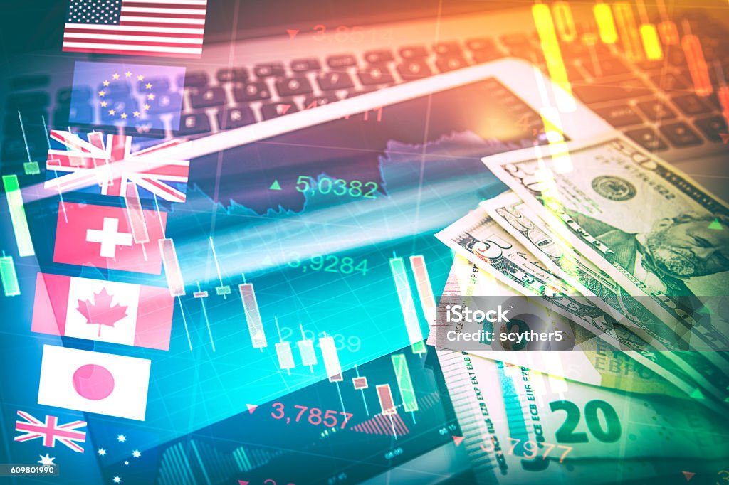 Forex Markets Currency Trading Concept. Forex Markets Currency Trading Global Economy Concept. United Kingdon Pund, European Euro, American and Canadian Dollar, Japanese Yen Currency Currency Exchange Stock Photo