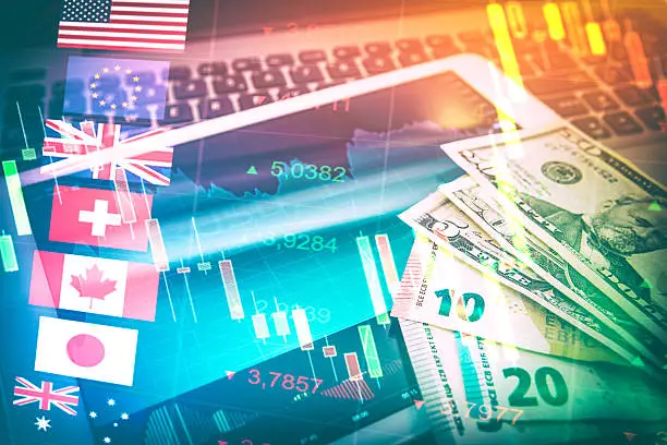 Forex Markets Currency Trading Global Economy Concept. United Kingdon Pund, European Euro, American and Canadian Dollar, Japanese Yen Currency