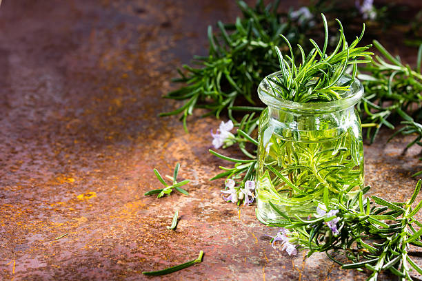 vaso di olio essenziale di rosmarino e pianta con fiori, sfondo rustico - oli aromi e spezie foto e immagini stock