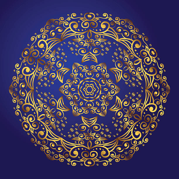 ilustraciones, imágenes clip art, dibujos animados e iconos de stock de mandala, amuleto. símbolo de oro esotérico sobre un fondo azul. - tantric buddhism